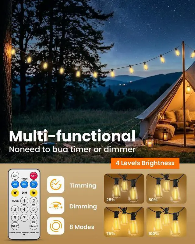 Alt view image 2 of 7 - 54FT ST38 Solar String Lights Waterproof,Patio Lights Solar Powered with Remote & USB Port 16+1 LED Shatterproof Bulbs 8 Light Modes, Dimmable Solar Light for Camping Backyard Garden
