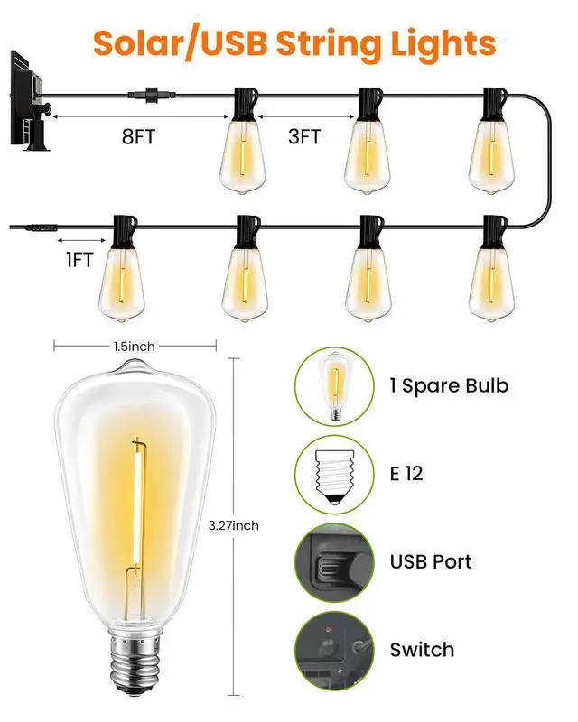Alt view image 6 of 7 - 54FT ST38 Solar String Lights Waterproof,Patio Lights Solar Powered with Remote & USB Port 16+1 LED Shatterproof Bulbs 8 Light Modes, Dimmable Solar Light for Camping Backyard Garden
