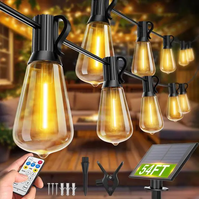 Main image of 54FT ST38 Solar String Lights Waterproof,Patio Lights Solar Powered with Remote & USB Port 16+1 LED Shatterproof Bulbs 8 Light Modes, Dimmable Solar Light for Camping Backyard Garden