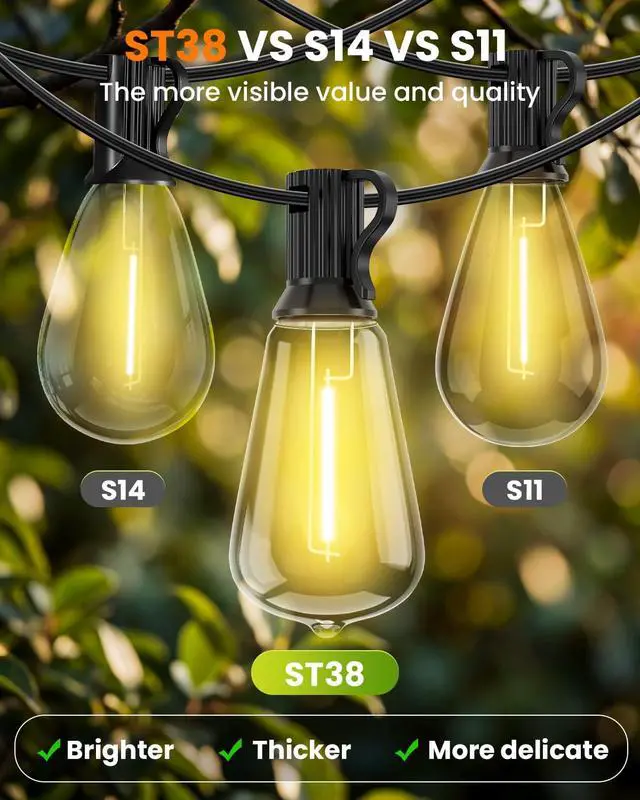 Alt view image 4 of 7 - 54FT ST38 Solar String Lights Waterproof,Patio Lights Solar Powered with Remote & USB Port 16+1 LED Shatterproof Bulbs 8 Light Modes, Dimmable Solar Light for Camping Backyard Garden