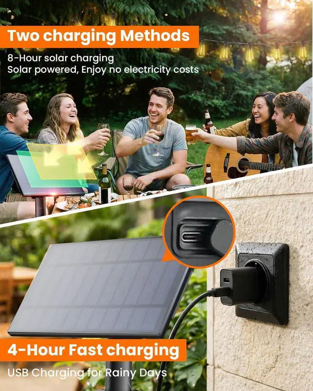 Alt view image 7 of 7 - 54FT ST38 Solar String Lights Waterproof,Patio Lights Solar Powered with Remote & USB Port 16+1 LED Shatterproof Bulbs 8 Light Modes, Dimmable Solar Light for Camping Backyard Garden