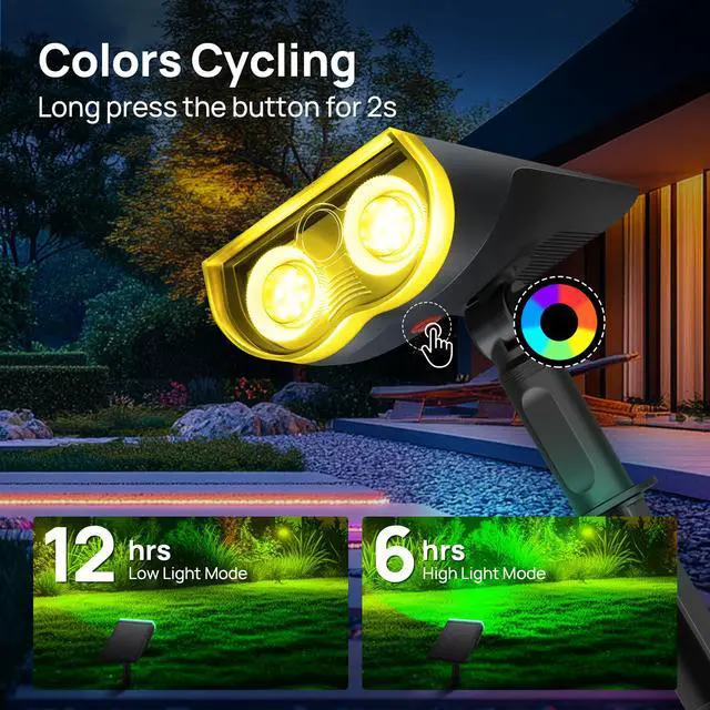 Alt view image 3 of 7 - Solar Spot Lights Outdoor, Halloween Decorations 22 LEDs IP67 Waterproof Color Changing Solar Outdoor Lights, 8 Colors, 2-in-1 Adjustable Wall Lights for Garden Yard Pathway, 2 Pack(RGB)