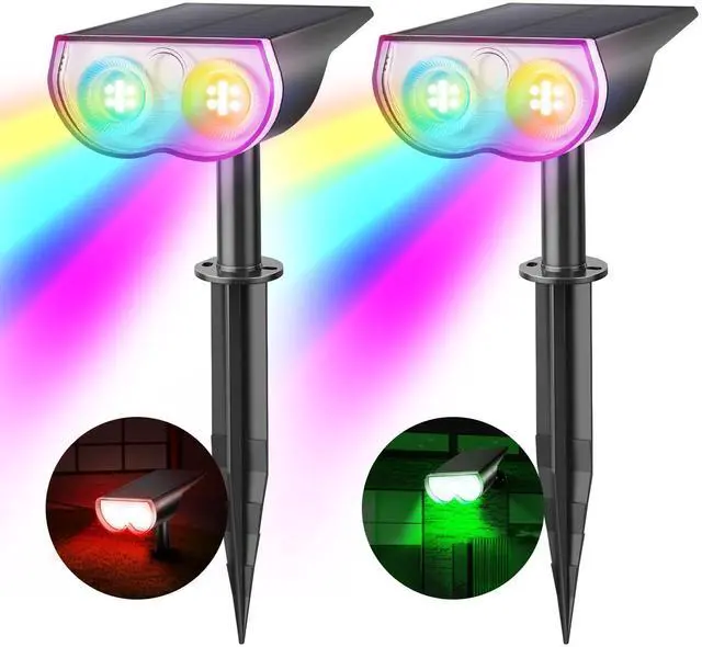 Main image of Solar Spot Lights Outdoor, Halloween Decorations 22 LEDs IP67 Waterproof Color Changing Solar Outdoor Lights, 8 Colors, 2-in-1 Adjustable Wall Lights for Garden Yard Pathway, 2 Pack(RGB)