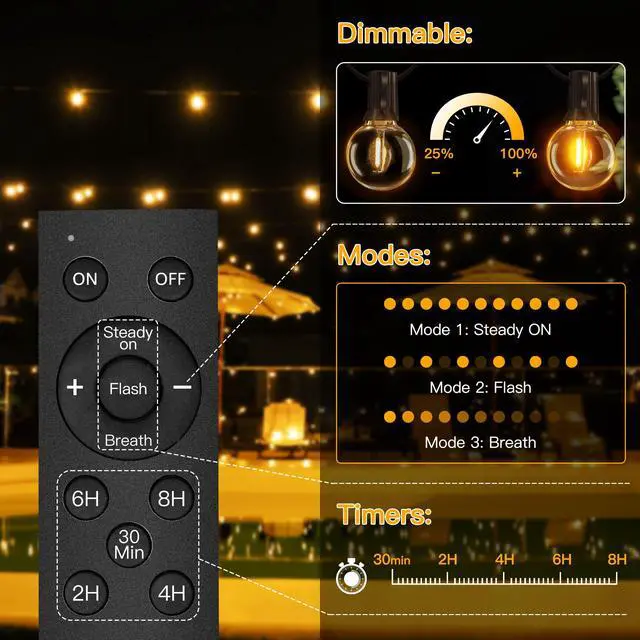 Alt view image 3 of 7 - 35FT Solar Patio Lights, Waterproof Remote Control Dimmable Timers 3Modes Outdoor Light with 15 LED + 1 Spare Shatterproof Bulb, G40 String Lights for Outside Camping Backyard Tree Bistro