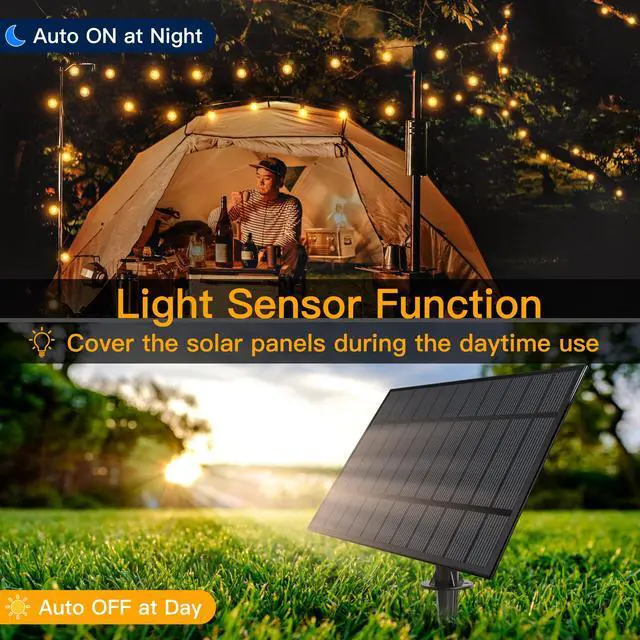 Alt view image 5 of 7 - 35FT Solar Patio Lights, Waterproof Remote Control Dimmable Timers 3Modes Outdoor Light with 15 LED + 1 Spare Shatterproof Bulb, G40 String Lights for Outside Camping Backyard Tree Bistro