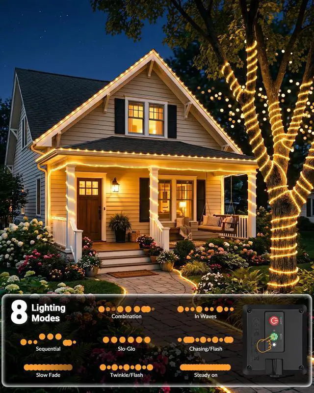 Alt view image 4 of 7 - Solar Rope Lights, 120LED 46FT Solar String Lights Outdoor Waterproof, 8 Lighting Modes Solar Powered Strip Trampoline Light for Outside Garden Tree Christmas Yard Patio Decor, Warm White