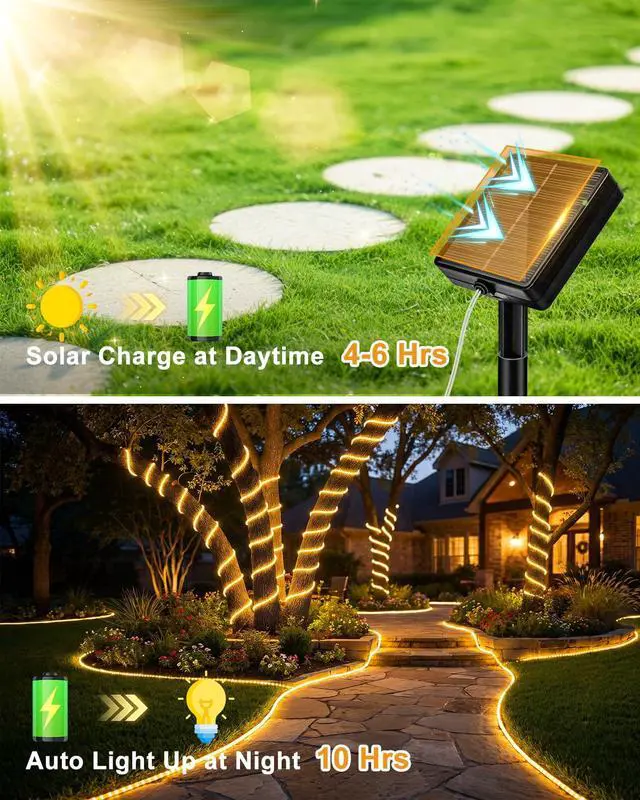 Alt view image 2 of 7 - Solar Rope Lights, 120LED 46FT Solar String Lights Outdoor Waterproof, 8 Lighting Modes Solar Powered Strip Trampoline Light for Outside Garden Tree Christmas Yard Patio Decor, Warm White