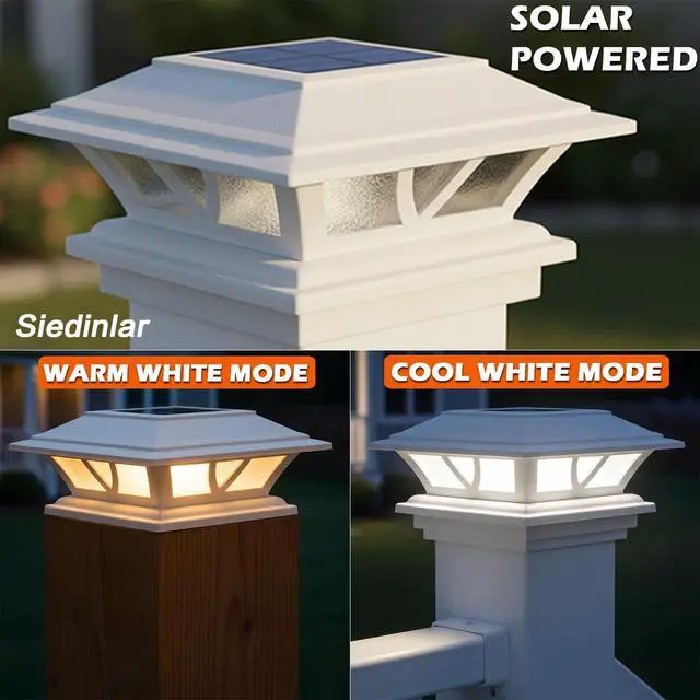 Alt view image 2 of 6 - Solar Post Lights Outdoor 2 Modes LED Fence Deck Cap Light for 4x4 5x5 6x6 Posts Garden Patio Decoration Warm White/Cool White Lighting White (2 Pack)