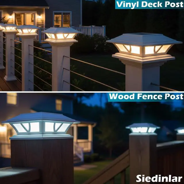 Alt view image 4 of 6 - Solar Post Lights Outdoor 2 Modes LED Fence Deck Cap Light for 4x4 5x5 6x6 Posts Garden Patio Decoration Warm White/Cool White Lighting White (2 Pack)