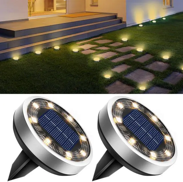 Main image of 2 Pack Solar Lights Outdoor, 8 LED Solar Ground Lights IP65 Waterproof Flat Solar Disc Light, Pathway Lights for Garden Lawn Patio Yard Path Landscape, Warm White