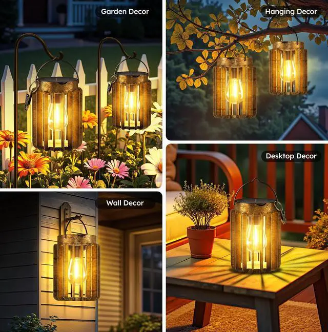 Alt view image 5 of 7 - Solar Lanterns Outdoor Waterproof, Brighter Up to 12 Hrs Outdoor Hanging Solar Lights, Outside Hanging Lanterns for Garden Porch Patio Yard Decor, Gifts for Women Mom Father 2 Pack