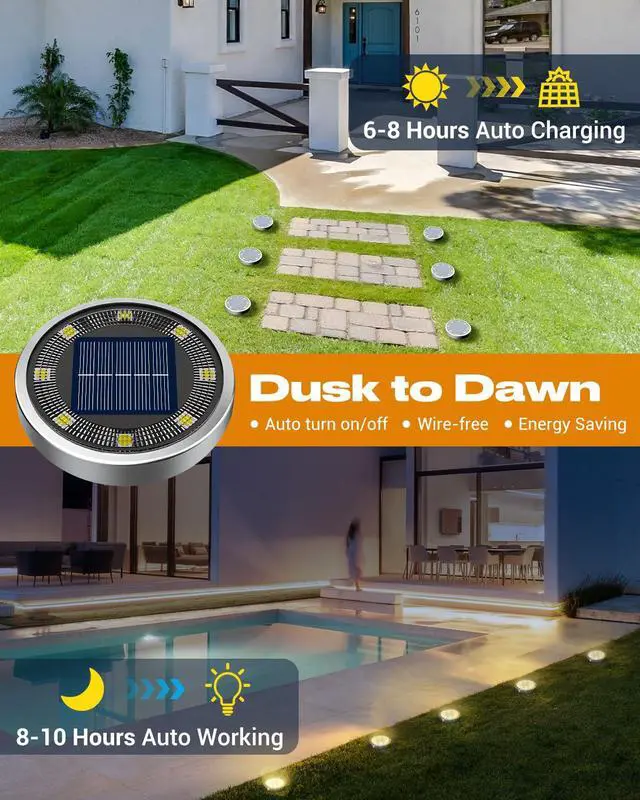 Alt view image 2 of 6 - 2 Pack Solar Lights Outdoor, 8 LED Solar Ground Lights IP65 Waterproof Flat Solar Disc Light, Pathway Lights for Garden Lawn Patio Yard Path Landscape, Warm White
