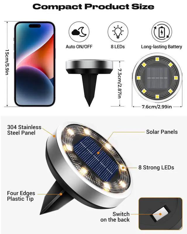 Alt view image 6 of 6 - 2 Pack Solar Lights Outdoor, 8 LED Solar Ground Lights IP65 Waterproof Flat Solar Disc Light, Pathway Lights for Garden Lawn Patio Yard Path Landscape, Warm White