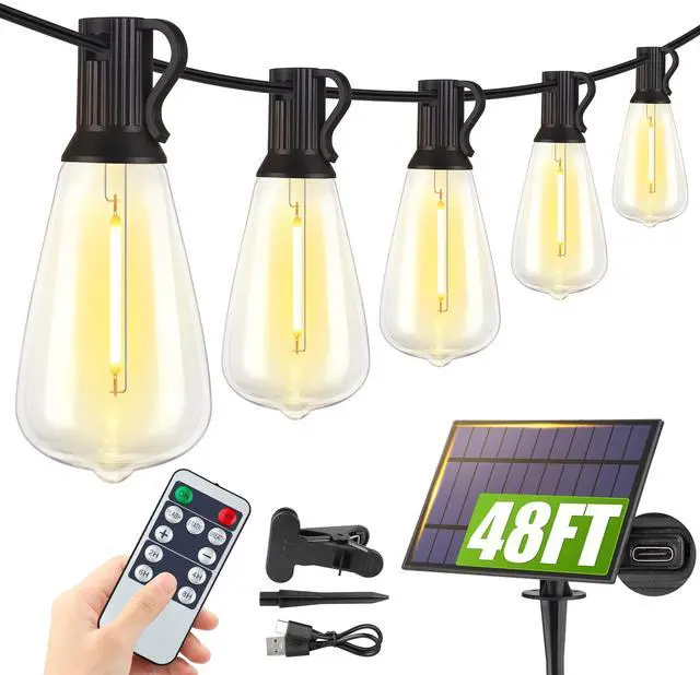 Main image of 48FT Solar String Lights Outdoor with Remote, Waterproof Dimmable Patio Lights with 15+1 LED ST38 Bulbs 3 Modes Hanging Lighting for Backyard