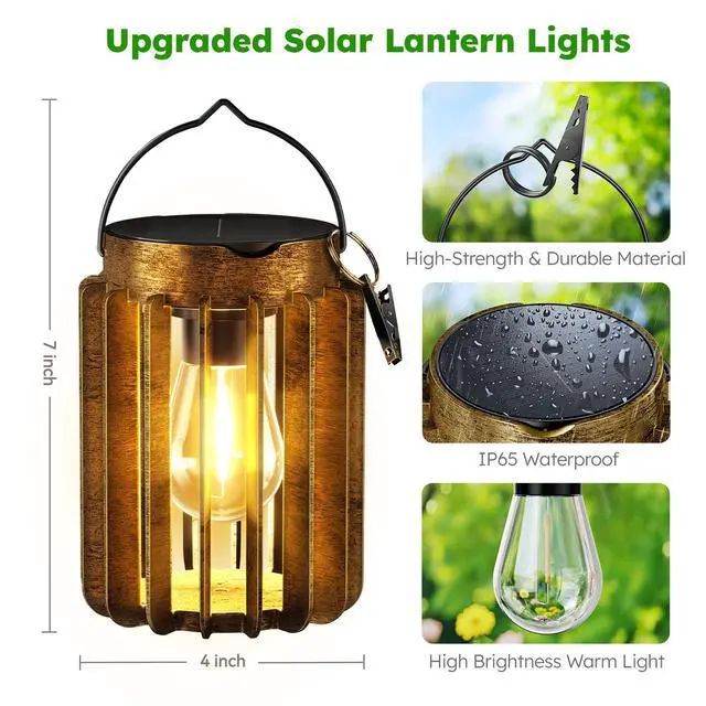 Alt view image 7 of 7 - Solar Lanterns Outdoor Waterproof, Brighter Up to 12 Hrs Outdoor Hanging Solar Lights, Outside Hanging Lanterns for Garden Porch Patio Yard Decor, Gifts for Women Mom Father 2 Pack
