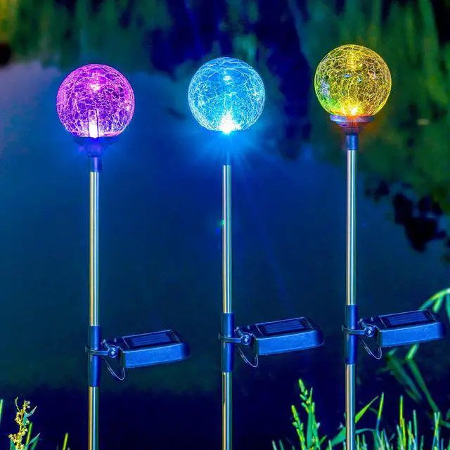 Alt view image 4 of 7 - Solar Garden Lights 3 Pack, Solar Lights Outdoor Decorative, Solar Globe Lights Outdoor Waterproof for Yard and Garden, Multi-Color Changing Cracked Glass Ball LED Lights