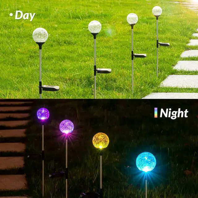 Alt view image 3 of 7 - Solar Garden Lights 3 Pack, Solar Lights Outdoor Decorative, Solar Globe Lights Outdoor Waterproof for Yard and Garden, Multi-Color Changing Cracked Glass Ball LED Lights