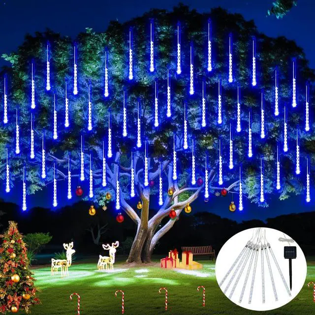 Main image of Solar Lights for Outdoor Decor, 8 Tube 144 LEDs Solar Meteor Shower Lights Outdoor, Hanging Blue Christmas Lights for Tree Yard Icicle Garden Patio Gazebo Eaves Front Porch Decor