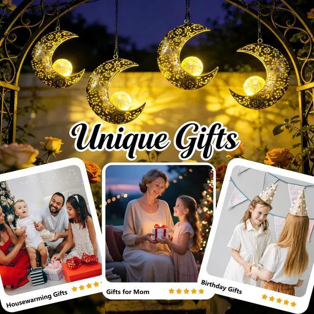 Alt view image 7 of 7 - Solar Garden Hanging Moon Lights Outdoor Decor,Metal Lanterns Art Decorations for Outside Yard Lawn Patio Wall Fences Driveway Trail,Unique Housewarming Gardening Gifts for Women Mom