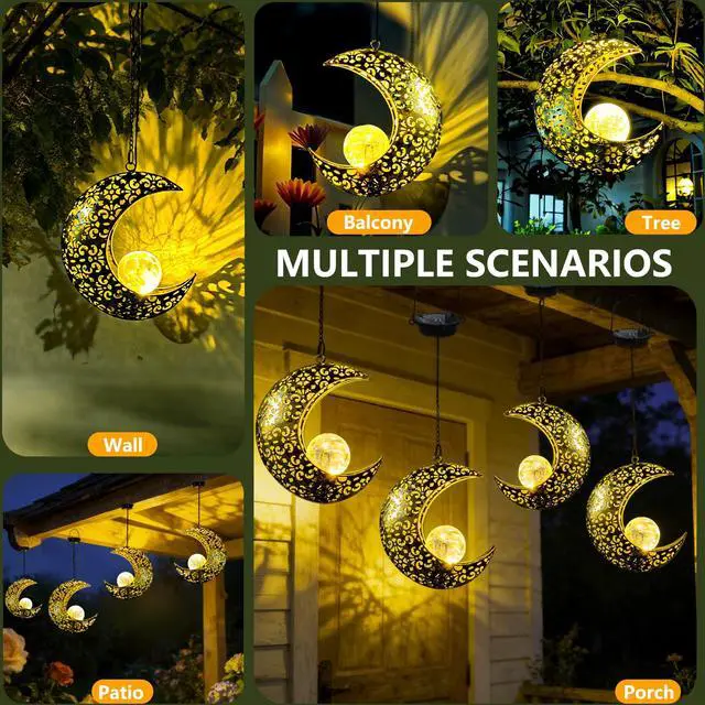 Alt view image 3 of 7 - Solar Garden Hanging Moon Lights Outdoor Decor,Metal Lanterns Art Decorations for Outside Yard Lawn Patio Wall Fences Driveway Trail,Unique Housewarming Gardening Gifts for Women Mom