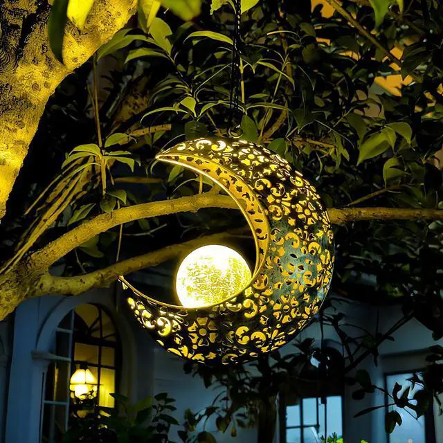 Main image of Solar Garden Hanging Moon Lights Outdoor Decor,Metal Lanterns Art Decorations for Outside Yard Lawn Patio Wall Fences Driveway Trail,Unique Housewarming Gardening Gifts for Women Mom