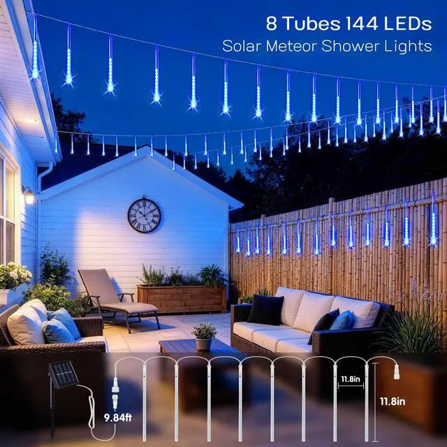 Alt view image 3 of 5 - Solar Lights for Outdoor Decor, 8 Tube 144 LEDs Solar Meteor Shower Lights Outdoor, Hanging Blue Christmas Lights for Tree Yard Icicle Garden Patio Gazebo Eaves Front Porch Decor