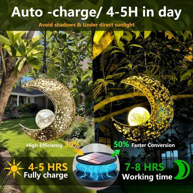 Alt view image 4 of 7 - Solar Garden Hanging Moon Lights Outdoor Decor,Metal Lanterns Art Decorations for Outside Yard Lawn Patio Wall Fences Driveway Trail,Unique Housewarming Gardening Gifts for Women Mom