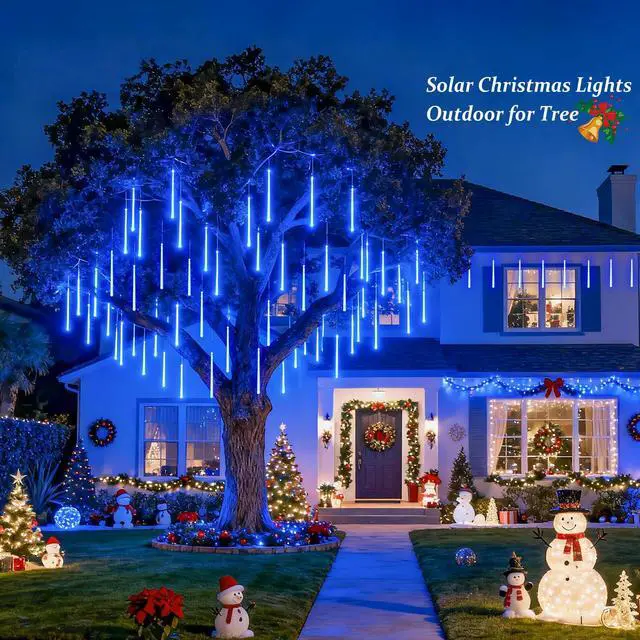 Alt view image 4 of 5 - Solar Lights for Outdoor Decor, 8 Tube 144 LEDs Solar Meteor Shower Lights Outdoor, Hanging Blue Christmas Lights for Tree Yard Icicle Garden Patio Gazebo Eaves Front Porch Decor
