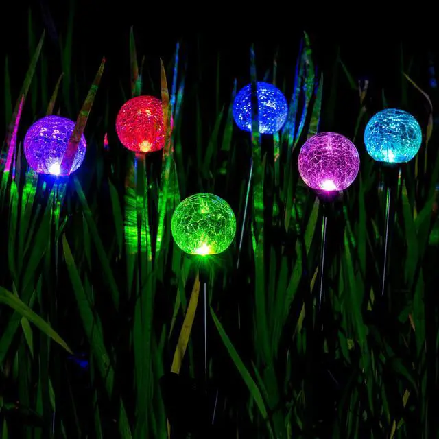 Alt view image 7 of 7 - Solar Garden Lights 3 Pack, Solar Lights Outdoor Decorative, Solar Globe Lights Outdoor Waterproof for Yard and Garden, Multi-Color Changing Cracked Glass Ball LED Lights