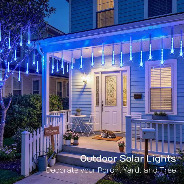 Alt view image 2 of 5 - Solar Lights for Outdoor Decor, 8 Tube 144 LEDs Solar Meteor Shower Lights Outdoor, Hanging Blue Christmas Lights for Tree Yard Icicle Garden Patio Gazebo Eaves Front Porch Decor