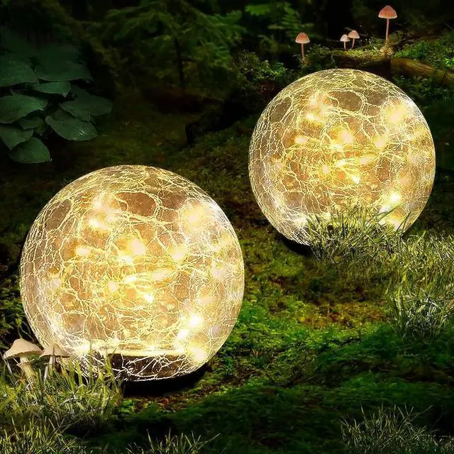Main image of Garden Solar Ball Lights Outdoor Waterproof, 50 LED Cracked Glass Globe Solar Power Ground Lights for Path Yard Patio Lawn, Christmas Decoration Landscape Warm White(2 Pack 4.7'')