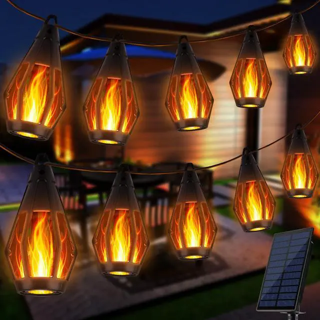 Main image of Solar Flame Lights, 27Ft 10 LED Bulbs Flickering Flame String Light, Outdoor Waterproof Solar Flame Lights for Garden Yard Lawn Patio Decorations (Warm White)