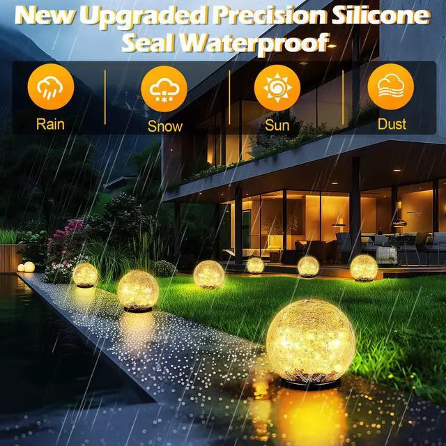 Alt view image 4 of 7 - Garden Solar Ball Lights Outdoor Waterproof, 50 LED Cracked Glass Globe Solar Power Ground Lights for Path Yard Patio Lawn, Christmas Decoration Landscape Warm White(2 Pack 4.7'')