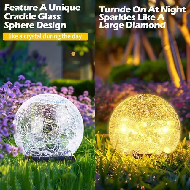 Alt view image 5 of 7 - Garden Solar Ball Lights Outdoor Waterproof, 50 LED Cracked Glass Globe Solar Power Ground Lights for Path Yard Patio Lawn, Christmas Decoration Landscape Warm White(2 Pack 4.7'')