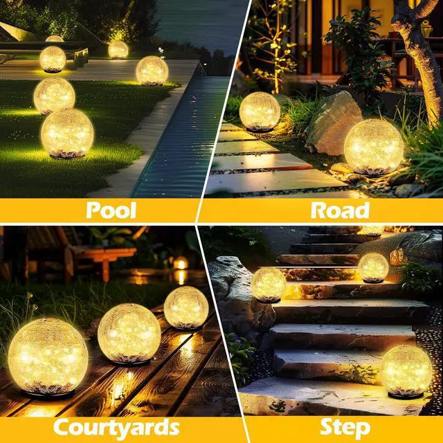 Alt view image 7 of 7 - Garden Solar Ball Lights Outdoor Waterproof, 50 LED Cracked Glass Globe Solar Power Ground Lights for Path Yard Patio Lawn, Christmas Decoration Landscape Warm White(2 Pack 4.7'')