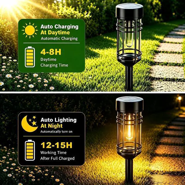 Alt view image 3 of 5 - Solar Garden Lights, 2 Pack LED Solar Lights IP65 Outdoor Waterproof, Rugged & Shatterproof for Landscape Lighting Garden Lighting Yard Pathway Walkway Driveway Lawn, 3000K Warm White