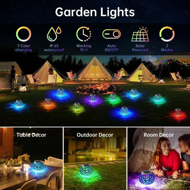 Main image of Color Changing Solar Powered Glass Mosaic Ball Led Garden Lights Rechargeable Outdoor Waterproof Solar Night Lights Table Lamps for Decorations Blue