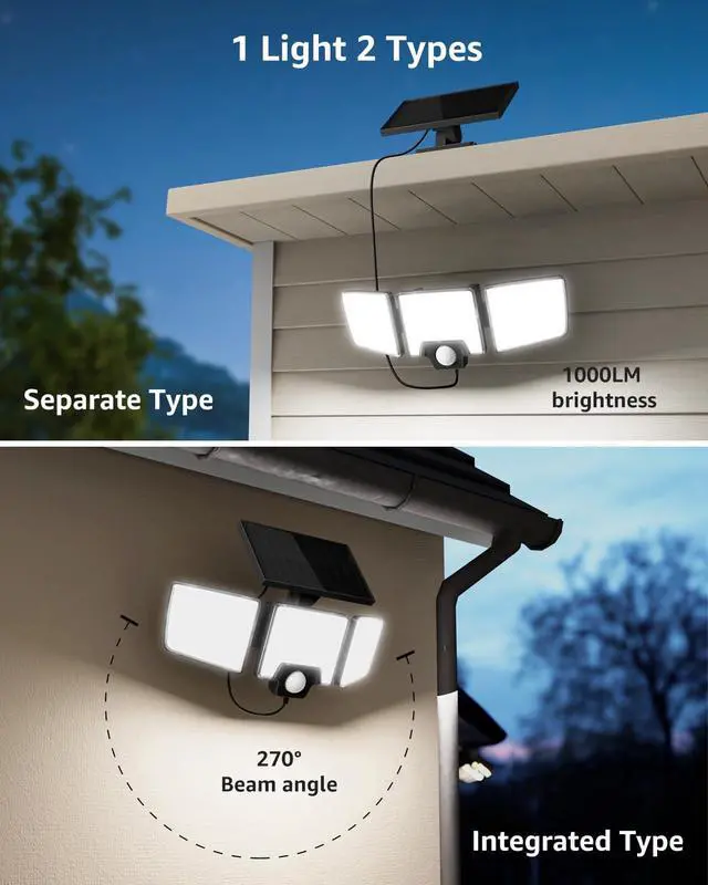 Alt view image 2 of 5 - Solar Security Lights Outdoor Motion Sensor, 2 in 1 Separated and Integrated Remote Control IP65 Waterproof Solar Lights with 2 Light Modes, 3 Heads Floodlight for Garden Yard Garage