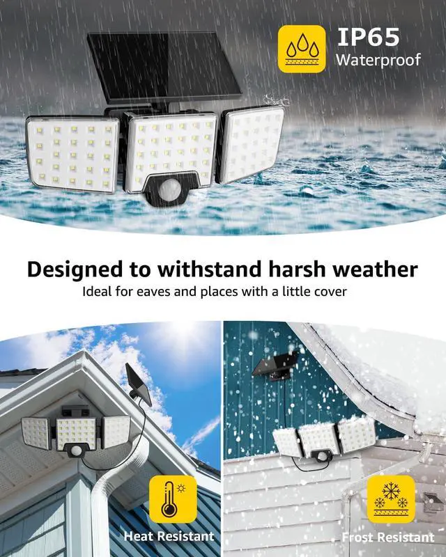 Alt view image 5 of 5 - Solar Security Lights Outdoor Motion Sensor, 2 in 1 Separated and Integrated Remote Control IP65 Waterproof Solar Lights with 2 Light Modes, 3 Heads Floodlight for Garden Yard Garage