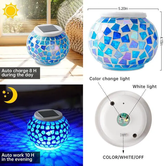 Alt view image 2 of 5 - Color Changing Solar Powered Glass Mosaic Ball Led Garden Lights Rechargeable Outdoor Waterproof Solar Night Lights Table Lamps for Decorations Blue