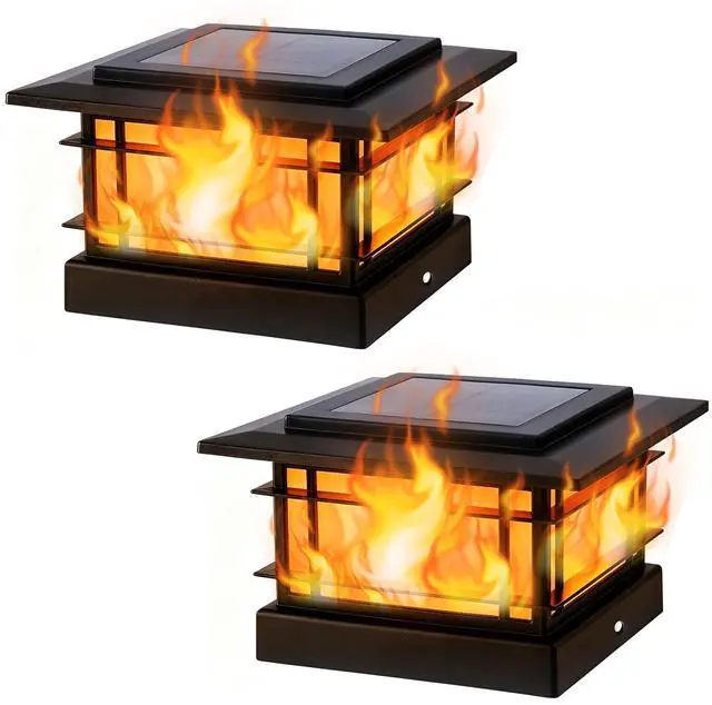 Main image of 4x4 Solar Post Cap Lights Outdoor with Flickering Flame Light, 2 Pack Black Shell Fence Post Solar Lights Fit 4x4 Vinyl/Wooden Posts, Brightness LED Lighting Decor for Garden Deck Patio