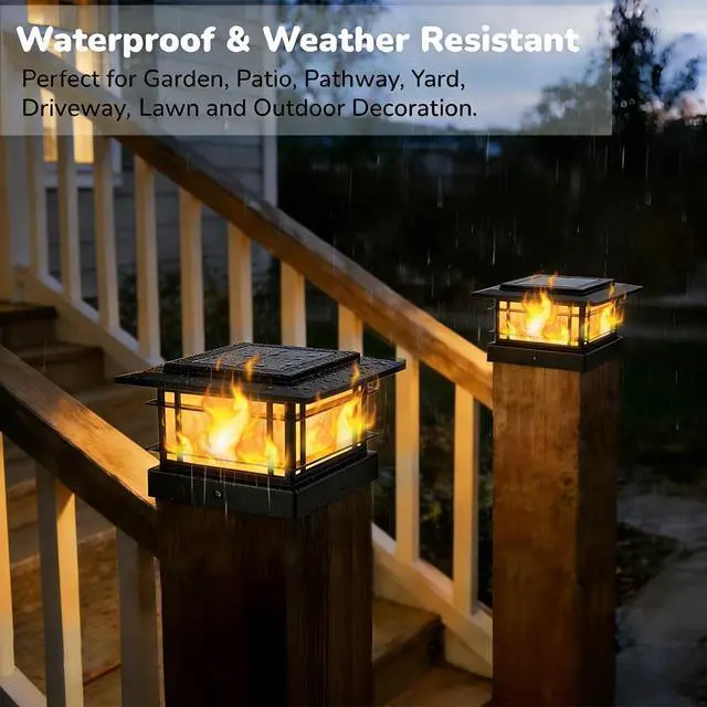 Alt view image 5 of 6 - 4x4 Solar Post Cap Lights Outdoor with Flickering Flame Light, 2 Pack Black Shell Fence Post Solar Lights Fit 4x4 Vinyl/Wooden Posts, Brightness LED Lighting Decor for Garden Deck Patio