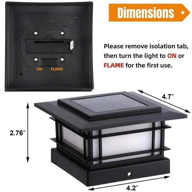 Alt view image 6 of 6 - 4x4 Solar Post Cap Lights Outdoor with Flickering Flame Light, 2 Pack Black Shell Fence Post Solar Lights Fit 4x4 Vinyl/Wooden Posts, Brightness LED Lighting Decor for Garden Deck Patio