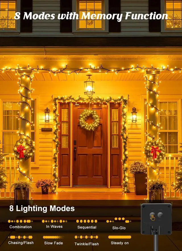 Alt view image 3 of 7 - 2 Pack Solar String Lights Outdoor Waterproof, 80 FT 200 LED Solar Powered Christmas Lights with 8 Modes, Auto On/Off, Patio Lights for Outside Tree Garden Balcony Party Decor (Warm White)