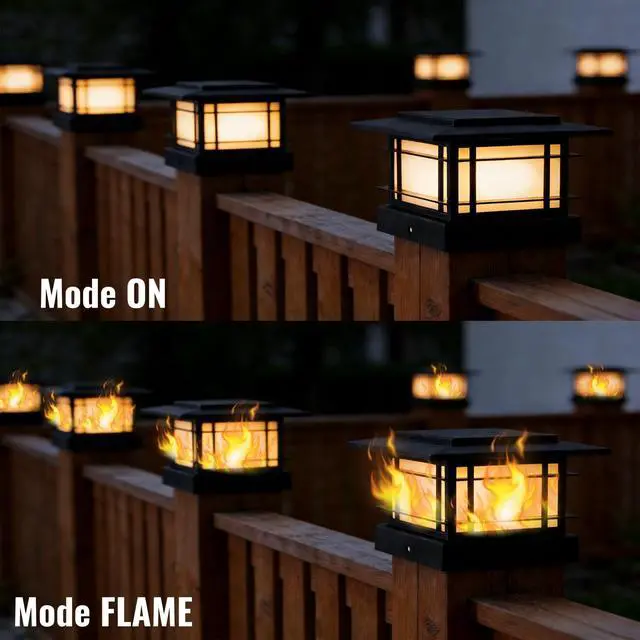 Alt view image 4 of 6 - 4x4 Solar Post Cap Lights Outdoor with Flickering Flame Light, 2 Pack Black Shell Fence Post Solar Lights Fit 4x4 Vinyl/Wooden Posts, Brightness LED Lighting Decor for Garden Deck Patio