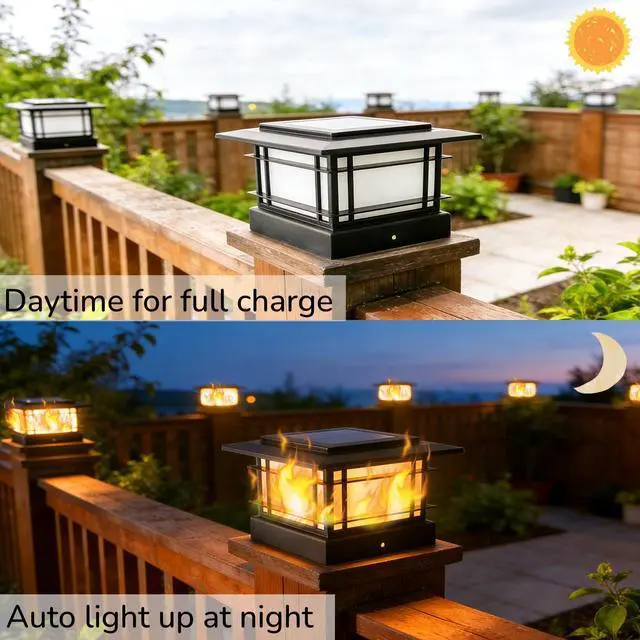 Alt view image 2 of 6 - 4x4 Solar Post Cap Lights Outdoor with Flickering Flame Light, 2 Pack Black Shell Fence Post Solar Lights Fit 4x4 Vinyl/Wooden Posts, Brightness LED Lighting Decor for Garden Deck Patio