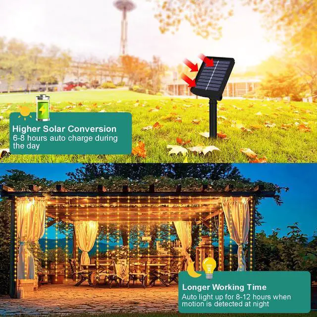 Alt view image 3 of 7 - Solar Curtain Lights 7.9ft x 6ft 144 LED Outdoor Curtain Lights Waterproof with Timer 8 Modes for Christmas Garden Patio Fence Wedding Wall Window Gazebo Decor - Warm White