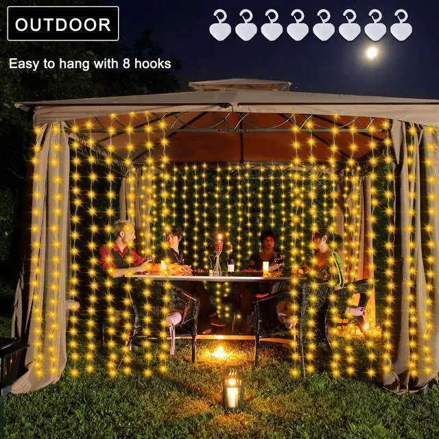 Alt view image 4 of 7 - Solar Curtain Lights 7.9ft x 6ft 144 LED Outdoor Curtain Lights Waterproof with Timer 8 Modes for Christmas Garden Patio Fence Wedding Wall Window Gazebo Decor - Warm White