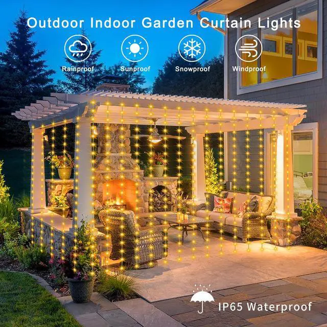 Alt view image 7 of 7 - Solar Curtain Lights 7.9ft x 6ft 144 LED Outdoor Curtain Lights Waterproof with Timer 8 Modes for Christmas Garden Patio Fence Wedding Wall Window Gazebo Decor - Warm White