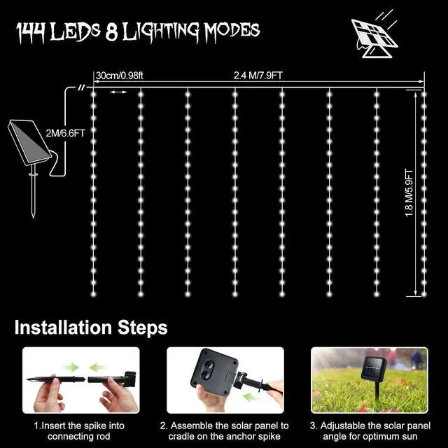 Alt view image 2 of 7 - Solar Curtain Lights 7.9ft x 6ft 144 LED Outdoor Curtain Lights Waterproof with Timer 8 Modes for Christmas Garden Patio Fence Wedding Wall Window Gazebo Decor - Warm White